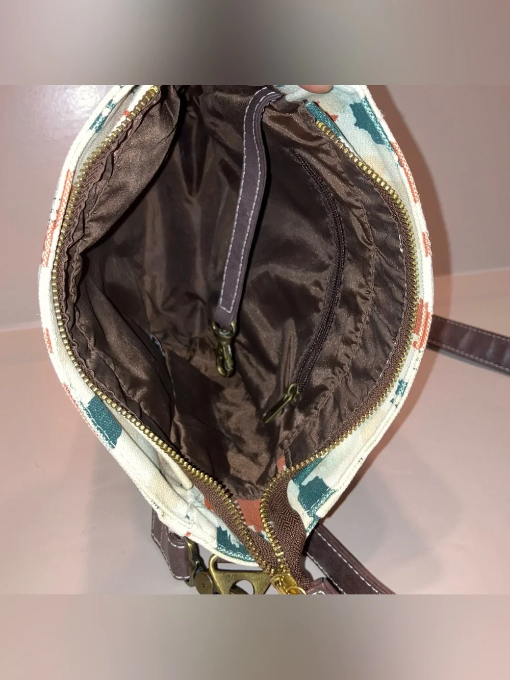 Maika Large Crossbody Purse Boho Bag Abstract Design‎ Vegan Brown Leather Strap